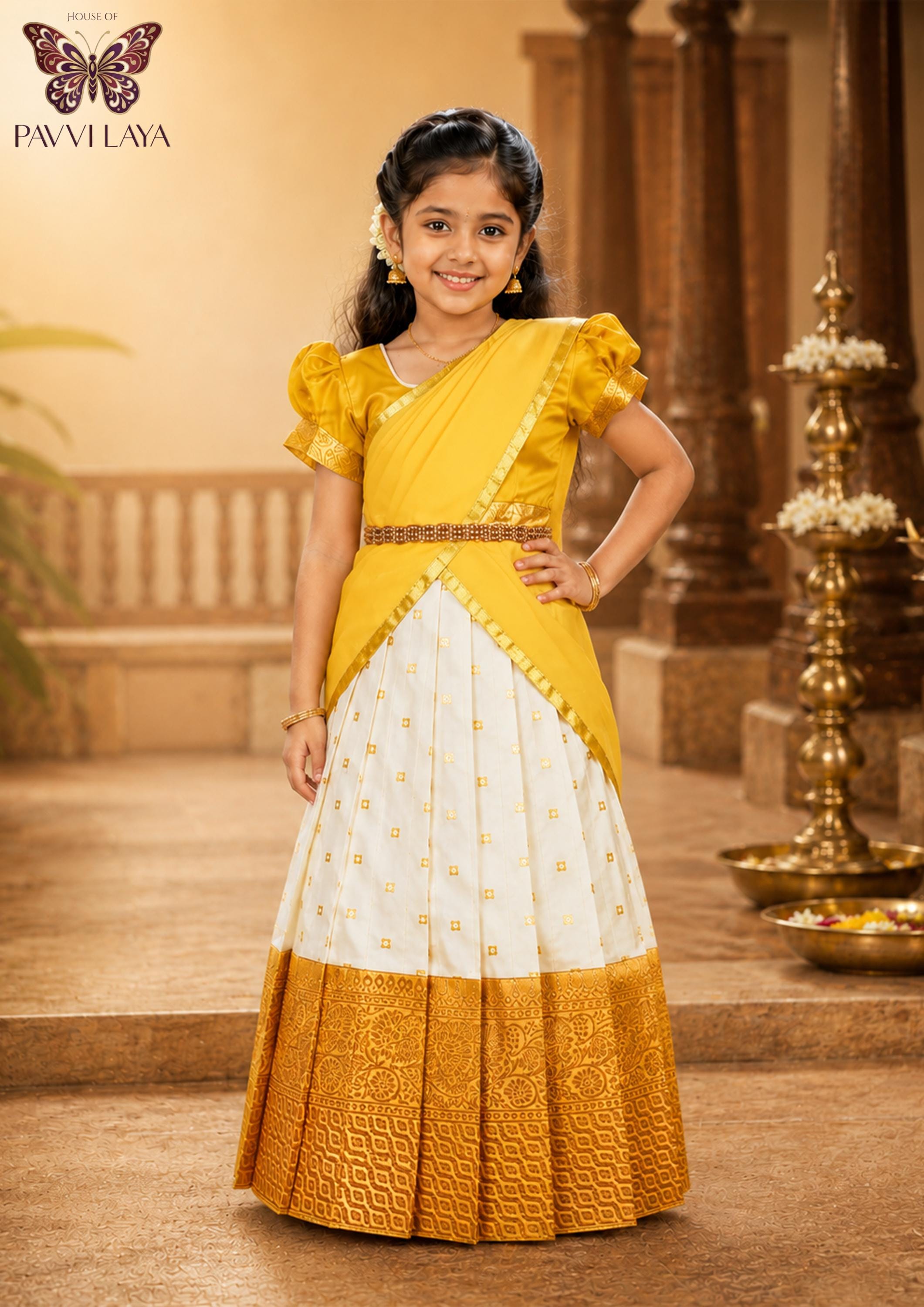 Girls Golden Gorgette Kasavu Silk Half Saree, Kerala Style Pattu Readymade Lehenga Choli