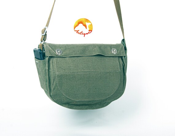 Original Hungarian military olive gas mask carrying bag leather strap vintage main image 1