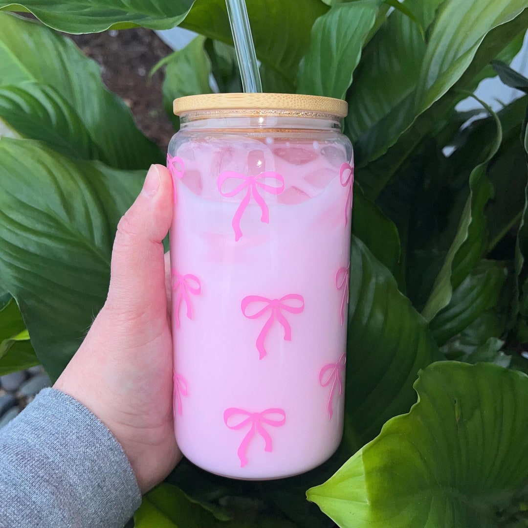 Personalized Iced Coffee Glass Cup With Pink Bows | 16 Oz Reusable Cup ...