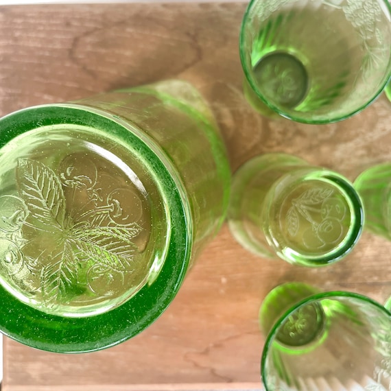 Vintage Green Uranium Depression Glass Flat Pitcher and Set of Six