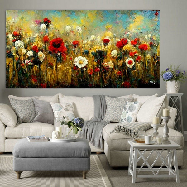 Landsschaft mit Blumen, Blumenwiese, Blumen, Bild auf Leinwand,  Kunst verschiedene Größen #211