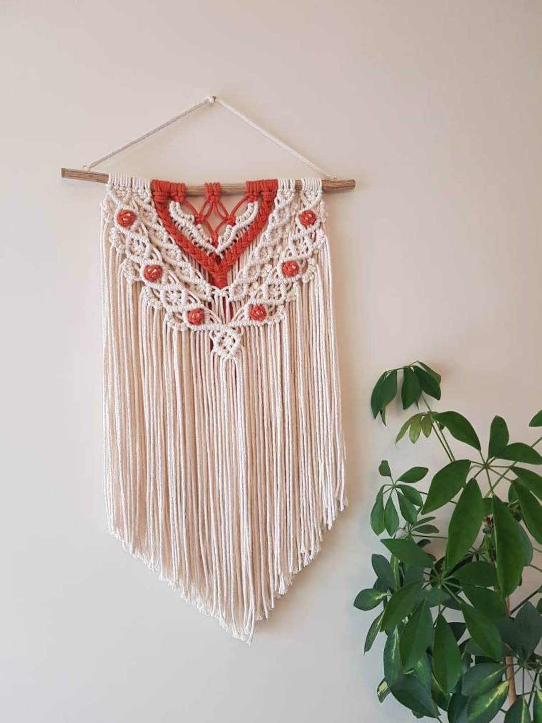 Cream and Orange Handmade Macrame Wal...