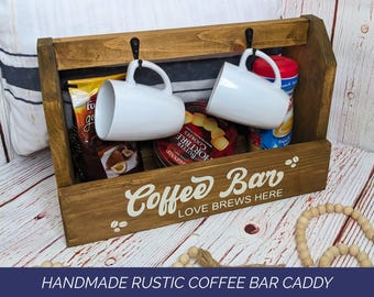 Handmade Rustic Farmhouse Coffee Bar Caddy, Solid Pine Wood Coffee Station with Mug Hooks