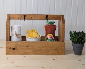 Nacho Bar with Hooks, Nacho Toppings Station, Party Food Organizer, Rustic Wood Storage Caddy