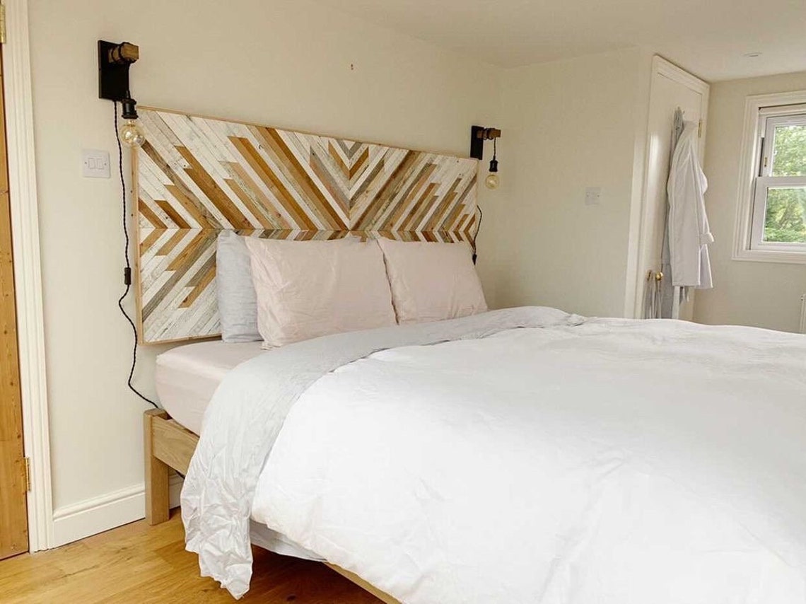Reclaimed wood headboard geometric wood art statement Etsy