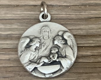 G43 Antique medal pendant baptism w/ angels and Jesus