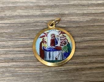 H66 Antique enamel medal pendant painted on porcelain