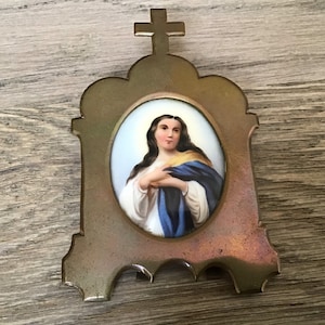 G63 Antique religious oratory shrine w/ porcelain painting Mary