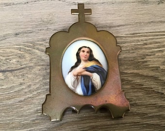 G63 Antico oratorio religioso con dipinto in porcellana di Maria