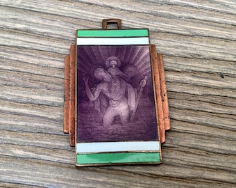 G3 Antique brass enamel medal pendant of St. Christopher
