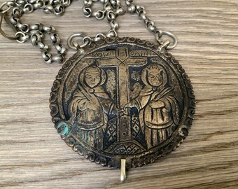 D12 antieke koperen religieuze medaille hanger aan ketting