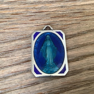 L13 Vintage religious blue enamel medal Mary