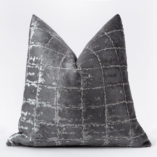 Textured Carbon Gray Pillow Cover, Luxury Velvet Throw Pillow, Gray Geometric Euro Sham, Designer Stylish Velvet Cushion Cover, All Sizes
