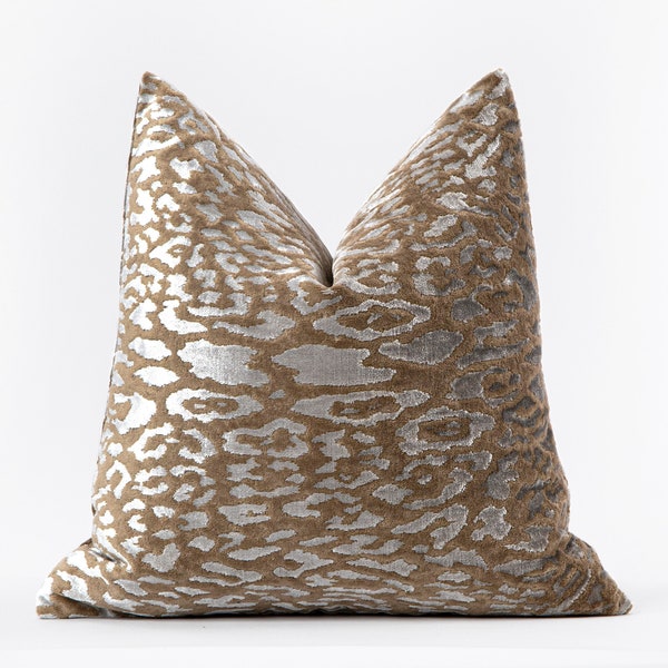 Textured Leopard Pillow Cover, Silver Throw Pillow, Leopard Euro Sham, Dark Beige Accent Velvet Cushion, Luxury Home Decor, All Sizes