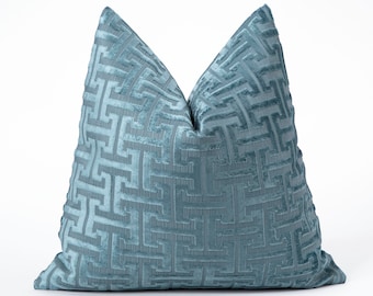 Teal Blue Geometric Cut Velvet Pillow Cover, Modern Trellis Cushion, Luxury Euro Sham