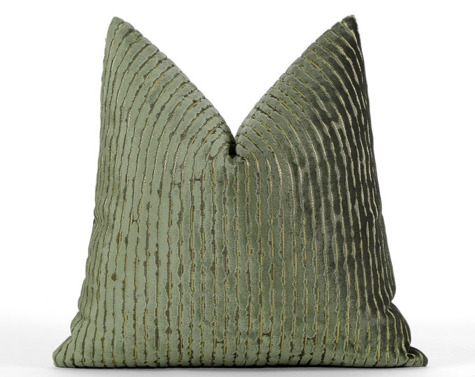Green Striped Pillow Cover, Moss Green Euro Sham, Decorative Throw