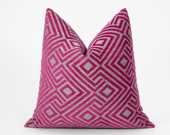 Fuchsia Geometric Pillow Cover, Modern Boho Aztec Cushion, Woven Euro Sham