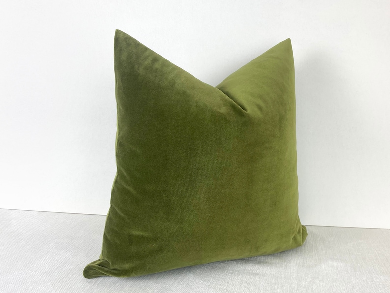 May include: A soft, green velvet pillow cover. The pillow is square and has a simple, elegant design.