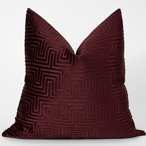 Burgundy Velvet Pillow Cover • Greek Key Cushion Cover • Soft Geometric Fabric • Euro Sham | All Duties Prepaid for USA