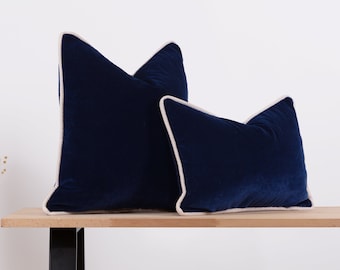 Navy Velvet Pillow with Piping, Contrasting Welt, Modern Euro Sham Cover, Navy Cushion Cover, Corded Throw Pillow, Pillow for Sofa