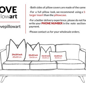 May include: Line drawing of a sofa with four throw pillows of different sizes. The pillows are labeled with their dimensions in inches and centimeters. The text "LOVE pillowart" and "lovepillowart" are also included in the image.