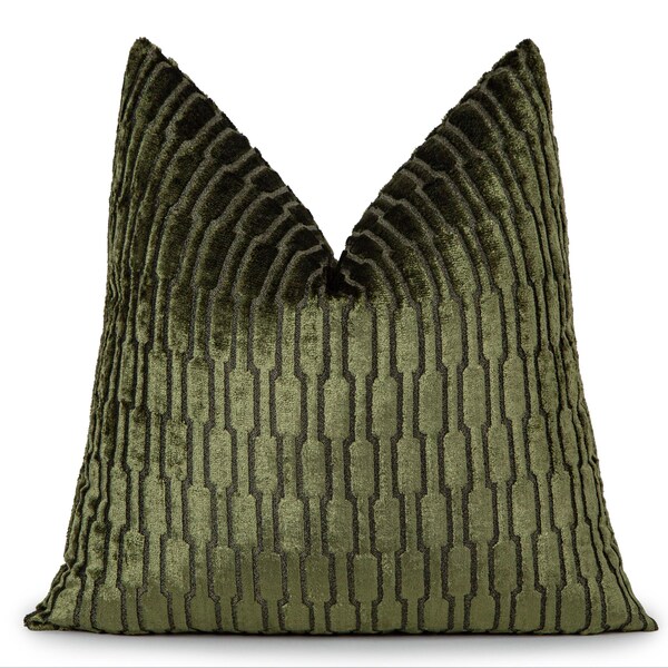 Housse de coussin en velours vert olive à coupe géométrique : coussin de luxe
