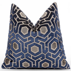 Designer Geometric Pillow Cover, Navy Textured Velvet Throw Pillow, Modern Cushion Cover, Navy Euro Sham Cover | All Duties Prepaid for USA