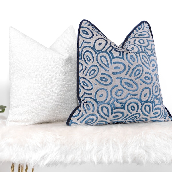 Blue Pillow with Piping, Designer Geometric Pillow, Jacquard Throw Pillow, Blue Euro Sham, Abstract Cushion, Blue Ivory Pillow, All Sizes