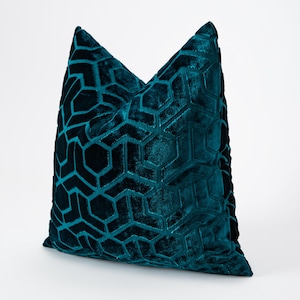 Dark Teal Designer Pillow Cover • Textured Velvet Throw Pillow •  Accent Geometric Cushion Cover | All Duties Prepaid for USA