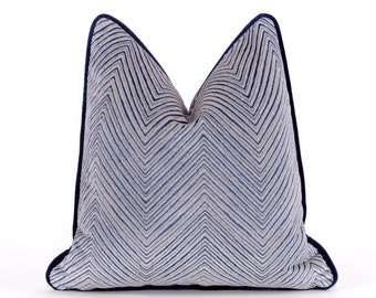 Chevron Pillow with Piping, Jacquard Throw Pillow, Gray Euro Sham, Navy Blue and Gray Woven Velvet Fabric with Navy Piping, Designer Pillow