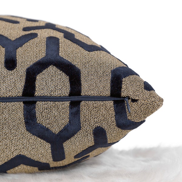 Geometric Woven Pillow Cover, Designer Velvet Throw Pillow, Beige and Navy Euro Sham Cover, Modern Home Decor, Textured Cushion for Sofa