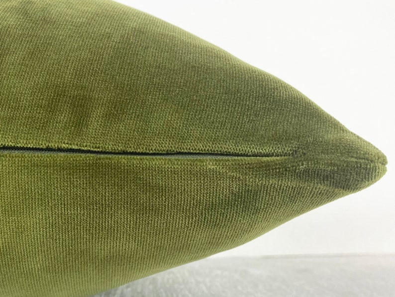 May include: A close-up of a green velvet pillow with a zipper closure. The pillow is soft and plush, and the fabric has a subtle texture.