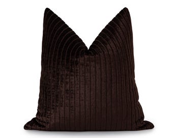 Funda de almohada de terciopelo marrón chocolate – Cojín decorativo a rayas