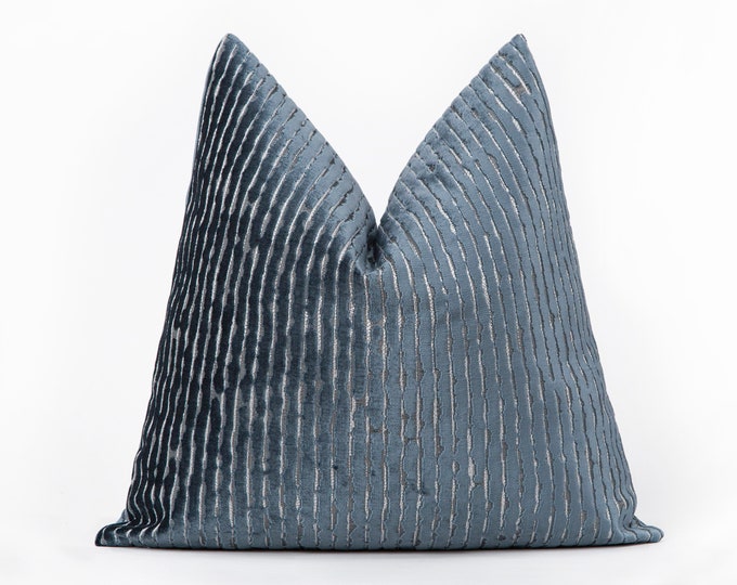 Dusty Blue Striped Pillow Cover, Stylish Velvet Throw Pillow, Blue