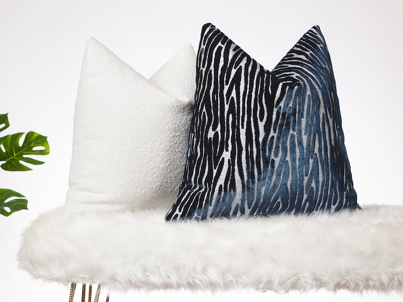 Navy Textured Zebra Pillow Cover, Jacquard Throw Pillow, Designer Luxury Velvet Euro Sham, Modern Home Decor, Livingroom Sofa Cushion Cover image 4