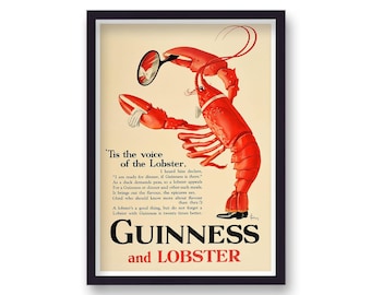 Póster de cerveza irlandesa: Guinness y langosta con marco de madera.