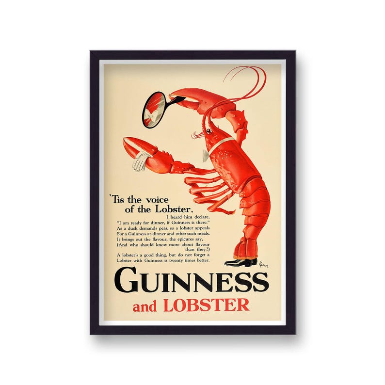 Irish Beer Poster: Guinness and Lobster Theme Wood Frame image 1