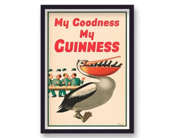 Irish Pub Beer Poster, Guinness Pelican Art Wood Frame