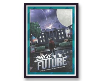 May include: A retro-style poster for the movie "Back to the Future" featuring a dark, stormy night scene with a lightning strike, a full moon, and a young man standing in the street. The poster has a teal and black color scheme and the title "Back to the Future" is in bold, white letters.