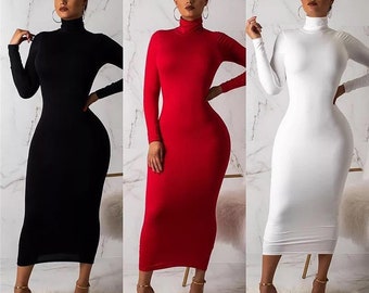 red long sleeve turtleneck dress