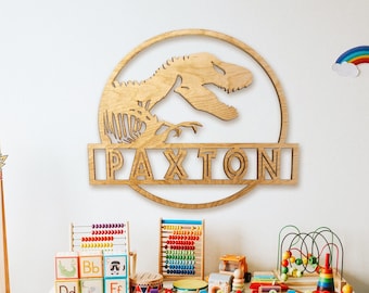 Custom Dinosaur Themed Nursery Wall Sign - T-Rex Personalized Kids Wall Art - Three-Rex Party Decor - Kids Room Name Sign- Boys Bedroom Door