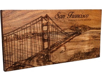 California Golden Gate Bridge Wall Hanging - Unique Wooden Wall Decor, Hand Drawn San Francisco Design - Custom Gift for Office Wall Artwork