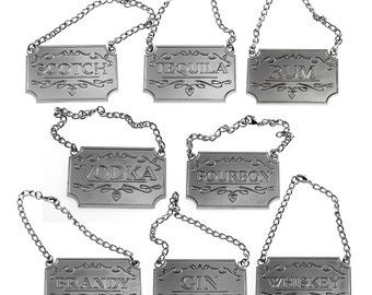 Silver Liquor Decanter Tags - Set of 8 Labels for Alcohol Decanters, Bourbon, Whiskey, Scotch, Rum, etc. - Tags with Adjustable Chain