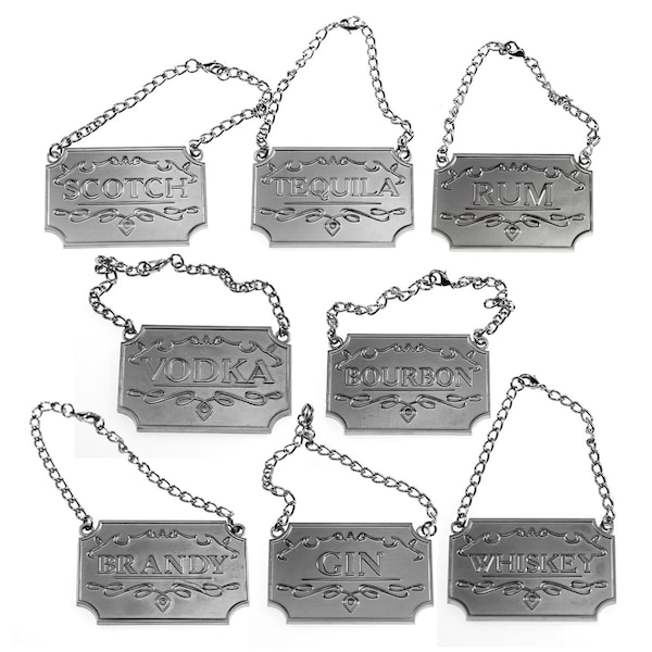 Silver Liquor Decanter Tags - Set of 8 Labels for Alcohol Decanters, Bourbon, Whiskey, Scotch, Rum, etc. - Tags with Adjustable Chain