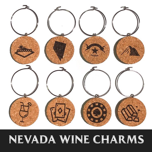 Nevada Wine Charm Set - Nevada Theme (Set of 8) Cork Wine Glass Charms - Wine Lover Gift, Hostess Unique Wine Gift, Las Vegas Nevada Gift