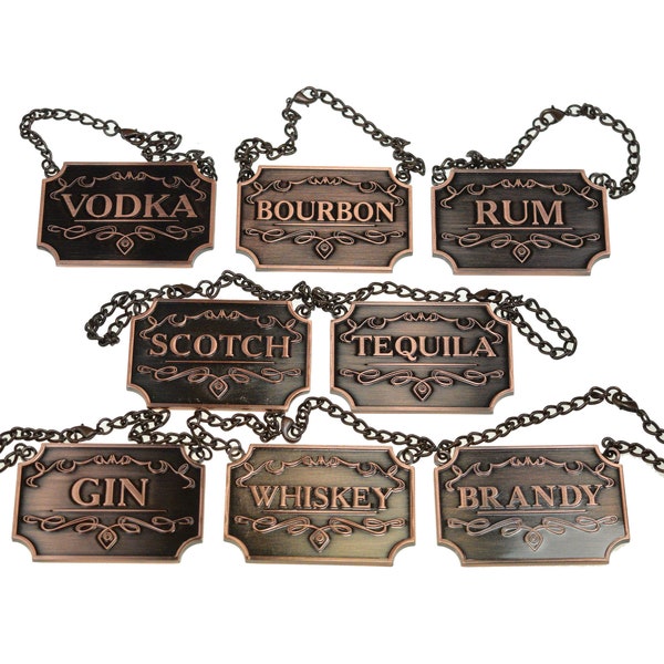 Copper Colored Liquor Decanter Tags - Set of 8 Labels for Alcohol Decanters, Bourbon, Whiskey, Scotch, Rum, etc. - Tags w/ Adjustable Chain