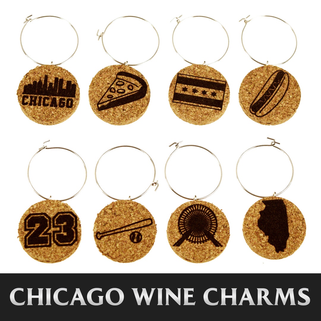 Chicago Wine Charm Set Chicago Theme set of 8 Cork Wine Glass Charms