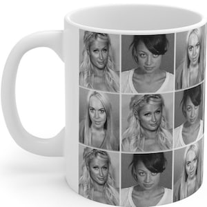 May include: A white ceramic mug featuring a black and white photograph of nine different women. The photo is divided into nine squares, each showcasing a different woman with a unique hairstyle.