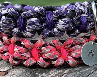 Daisy Flower Paracord Dog Collar, Hand Stamped Paw Print Dog Tag, Metal D Ring, Small to XL