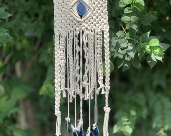 Macrame Wind Chime, Blue Agate Slice, Indoor Outdoor Decor, Macrame Wall Hanging, Boho Crystal Wind Chimes, Backyard Patio, RV Camper decor